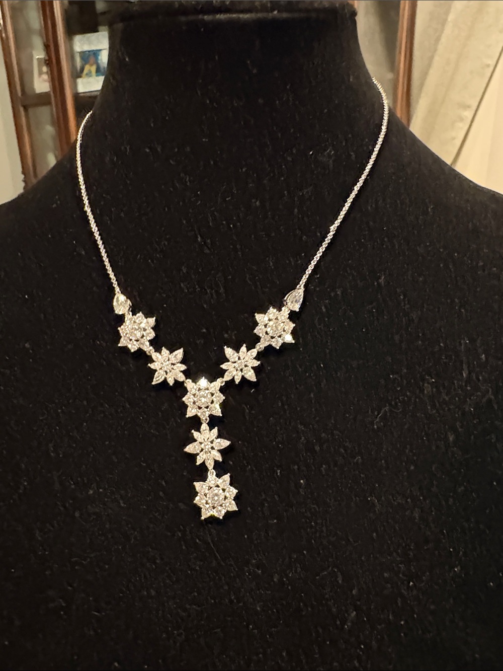 Silver Floral Crystal Drop Necklace - Elegant Women's Jewelry 21 inch with drop